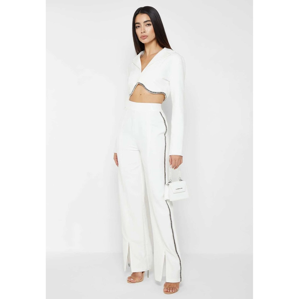 Maniere De Voir White Cropped Embellished Blazer Crystal Trim Bolero Jacket